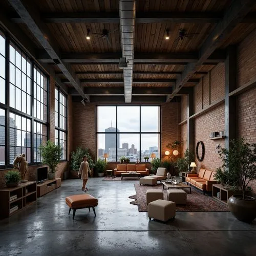 Exposed ductwork, industrial chic, minimalist decor, reclaimed wood accents, metal beams, concrete floors, floor-to-ceiling windows, abundant natural light, warm ambient glow, suspended lighting fixtu