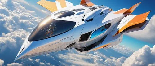 Futuristic aerocity, Frutiger spaceship, sleek metallic hull, glowing blue engines, silver wings, cockpit with futuristic instruments, pilot in white and orange jumpsuit, helmet with golden visor, flo