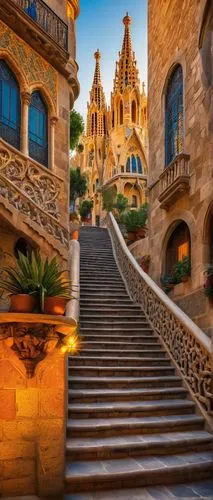 Famous Spanish architecture, grand palace, intricately carved stone walls, ornate Gothic spires, majestic cathedral, Barcelona, Gaudí-inspired, vibrant colorful tiles, intricate mosaics, grand stairca