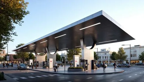 Modern gas station, sleek canopy structure, minimalist design, angular lines, stainless steel beams, translucent roofing, natural ventilation, LED lighting, futuristic fuel pumps, digital signage, urb