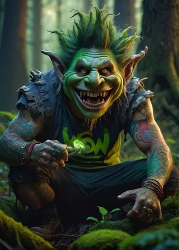 Troll, fantasy, green skin, messy hair, sharp teeth, colorful tattoos, ripped clothing, holding a Wow logo, laughing maniacally, mischievous eyes, dark forest, twisted tree roots, glowing mushrooms, m