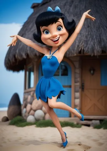 premiada foto de Betty Rubble, da era dos homens das cavernas, Os Flintstone, idade da pedra, de corpo Pernas grossas, Lindas e torneadas, cabelo curto, laço de cabelo, na praia, vestindo um vestido s