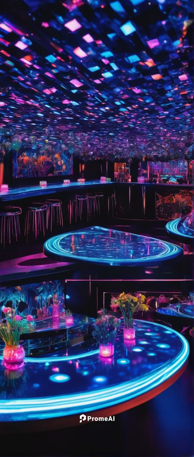 Imagine a futuristic party at Wallace Lake Supper Club with holographic displays and neon lights.,ufo interior,nightclub,floating stage,dubai garden glow,diamond lagoon,aquarium lighting,aquariums,tea