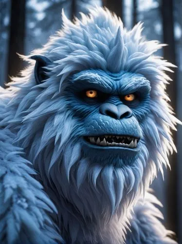 Furry yeti face, solo, close-up, sharp teeth, glowing eyes, snowflake-patterned fur, fluffy eyebrows, icy blue skin, frosty breath, mysterious atmosphere, misty background, foggy forest, twilight, war