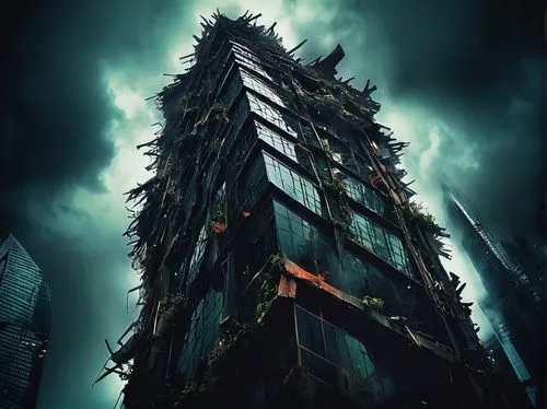 Distorted skyscraper, modern architecture, cityscape, urban jungle, dark tone, ominous atmosphere, twisted metal beams, shattered glass, crumbling concrete, eerie lighting, dramatic composition, low-a