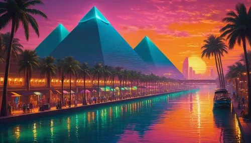 A breathtaking landscape of ancient Egypt with pyramids and the Nile River at sunset, intricately crafted in hyper-realistic oil on canvas, evoking a sense of majestic wonder, as if the viewer is stan