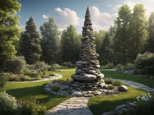 Build a magnificent rock tower in a peaceful garden.,rock cairn,cairn,stacked stones,stone pagoda,stack of stones,stone garden,standing stones,background with stones,stacking stones,chambered cairn,ja