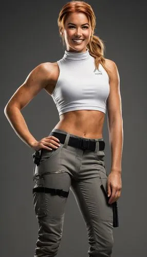 25yo slim tall gorgeous Minka Rosberg as Lara Croft, freckles, blond ponytail, smiling, long dark grey trousers, freckles, red bob haircut,natalya,strongwoman,neidhart,renee,sami,rousey,becky,baszler,