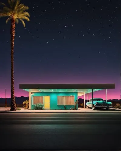 Motel building, modern minimalist architecture, rectangular shape, flat roof, white walls, large windows, sliding glass doors, steel frame, concrete foundation, parking lot, palm trees, neon signs, ni