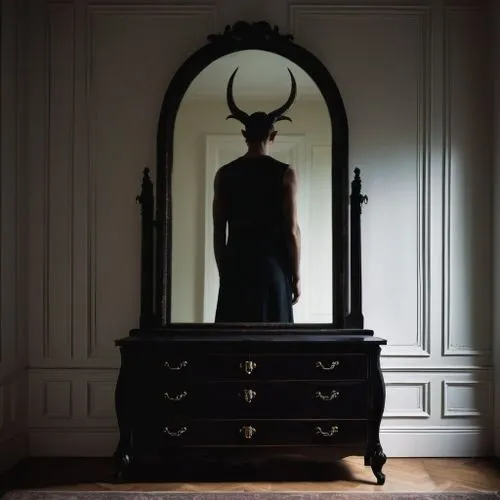 The dark sinister shape of a skinny tall man with horns, Who looks like he's trapped inside the mirror,a person is standing in front of a mirror,dark cabinetry,armoire,dresser,the throne,throne,bedcha