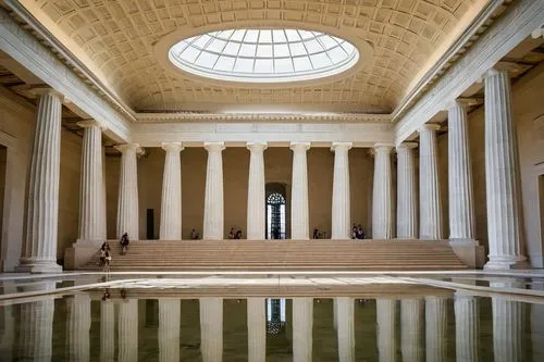 Neoclassical architecture, Lincoln Memorial, Washington D.C., grand scale, monumental columns, marble flooring, high ceiling, solemn atmosphere, detailed stone carvings, intricate moldings, American f