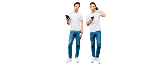 Stick figure, holding smartphone, minimalist design, simple facial expression, plain white shirt, blue jeans, sneakers, standing pose, front view, softbox lighting, pastel color tone, 3/4 composition,