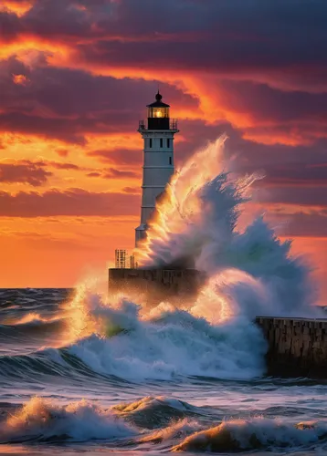 electric lighthouse,grand haven,lighthouse,red lighthouse,light house,petit minou lighthouse,great lakes,breakwater,point lighthouse torch,sea storm,atlantic,saint joseph,seascapes,crisp point lighthouse,lake michigan,lake superior,seascape,light station,big waves,storm surge,Art,Classical Oil Painting,Classical Oil Painting 10