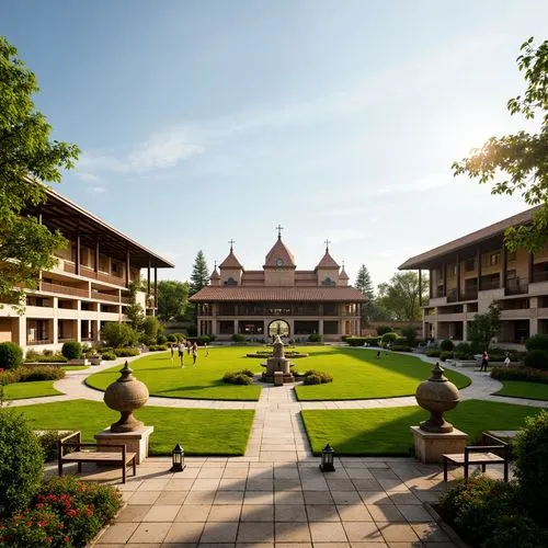 Renaissance-inspired sports stadium, lush green grass, ornate stone fountains, classical sculptures, rustic wooden benches, vintage lanterns, meandering walkways, symmetrical gardens, manicured hedges