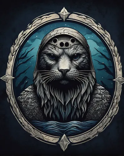 Create a modern and sleek navy seal logo with a touch of sophistication.,lion - feline,god of the sea,seal,sea lion,baltic gray seal,sea god,gray seal,zodiac sign leo,otter,whiskered,marine mammal,for