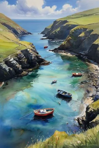 solva,coastal landscape,blasket,boscastle,cornwall,nefyn,Illustration,Paper based,Paper Based 11