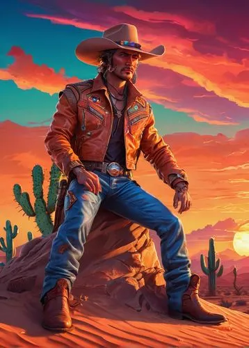 western desert, sunset time, a giant serpent, cowboy hat, leather boots, worn denim pants, rugged skin texture, menacing eyes, sharp fangs, coiled body, resting on a rock, cactus plants, sandy dunes, 