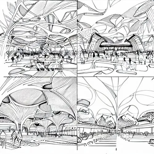 EQUESTRIAN CENTER,landscape plan,panoramical,backgrounds,concept art,sheet drawing,roof domes,hanging houses,biome,lotustemple,structures,landscapes,futuristic landscape,airships,background paper,illu