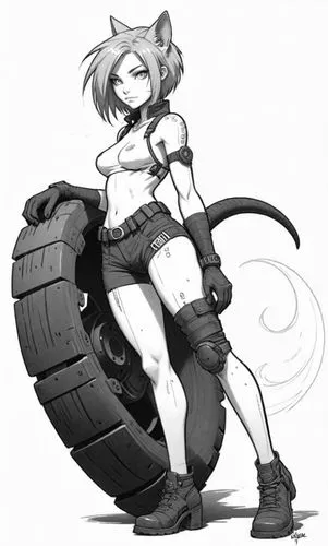 the girl with the cat ears and boots is standing next to a large tire,monowheel,segway,segways,tire,rollergirl,wheely,Design Sketch,Design Sketch,Detailed Outline