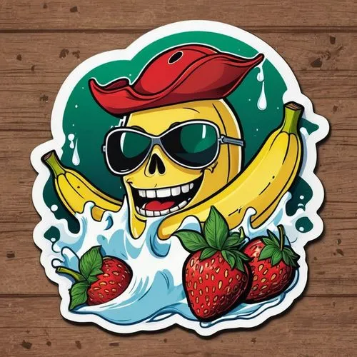 a scary banana as a pirate with an eye patch and a sabre in one hand. in the background are red strawberries and green apples that have been sabred into small pieces, milk dripping from the sabre. the