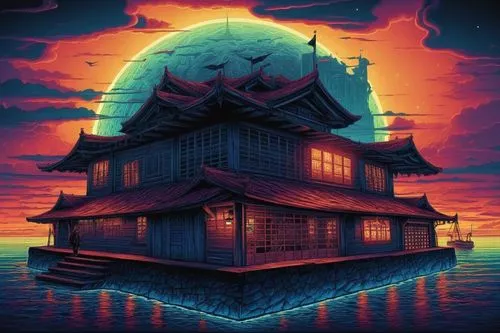 imagawa,yamatai,house with lake,house by the water,lonely house,house of the sea,fisherman's house,house silhouette,ancient house,houseboat,floating huts,asian architecture,wooden house,witch's house,