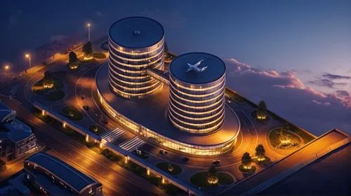 the building is lit up and has multiple circular spaces,skyscapers,urban towers,3d rendering,towergroup,residential tower,electric tower,Photography,General,Realistic