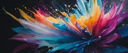 the colorful flower is exploding with water on it,color feathers,splash paint,splotch,splash photography,abstract flowers,watercolor paint strokes