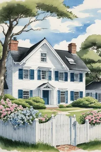 new england style house,nantucket,white picket fence,houses clipart,mawes,bridgehampton,edgartown,house painting,saltbox,hamptons,house drawing,quogue,old colonial house,conanicut,cape cod,osterville,country house,hyannisport,cohasset,farmhouses,Illustration,Paper based,Paper Based 30