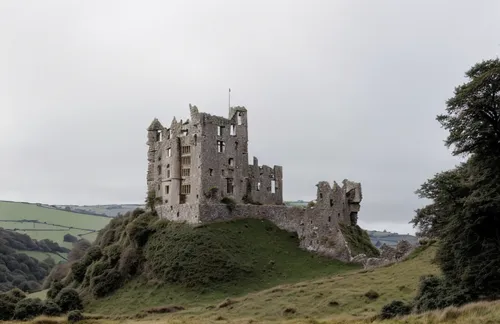 A ruined castle on a hillside in south-west England.,ruined castle,medieval castle,knight's castle,castle bran,drum castle,castles,castleguard,castle ruins,haunted castle,gold castle,castle of the cor