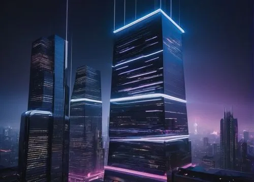 Futuristic architecture, Scad design, sleek metallic materials, geometric shapes, angular lines, neon lights, glowing accents, towering skyscraper, cityscape background, dusk atmosphere, misty fog eff