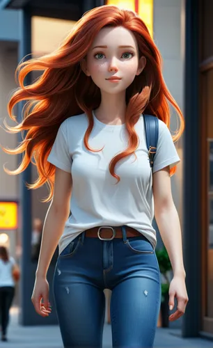 REALISTIC,girl walking away,merida,3d model,animated cartoon,woman walking,cinema 4d,redheads,anime 3d,girl in t-shirt,disney baymax,3d figure,red-haired,character animation,sprint woman,clary,redhead