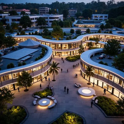 Vibrant campus square, fusion-style facade, curved lines, metallic materials, LED lighting strips, futuristic ambiance, abstract sculptures, green roofs, solar panels, water features, walking paths, s