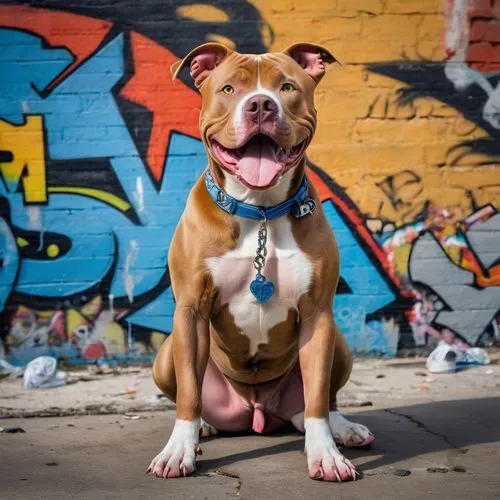 Colorful Pitbull, sitting, vibrant fur, blue eyes, smile, tongue out, ears up, muscular body, tattoos on arms, ripped jeans, sneakers, graffiti background, urban setting, sunny day, warm lighting, sha