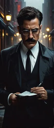 Middle-aged inspector, detective style, formal wear, black suit, white shirt, black tie, serious expression, sharp eyes, glasses with rectangular frames, short brown hair, mustache, standing, holding 