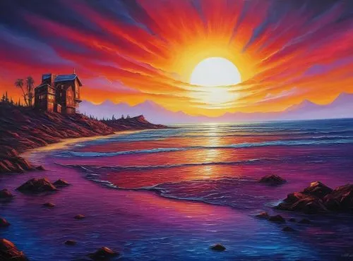 coast sunset,beach landscape,fantasy picture,coastal landscape,fantasy landscape,sunset beach,sunrise beach,fantasy art,seascape,sea landscape,amanecer,landscape background,sunstorm,unset,dreamscape,tramonto,sun and sea,art painting,sunset,sunrise,Illustration,Realistic Fantasy,Realistic Fantasy 25