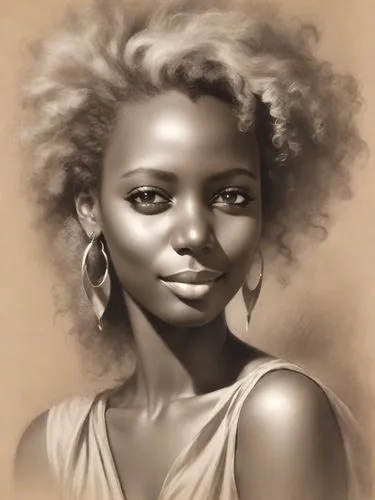 Beautiful african woman, afro hair,  in the style of Boris Vallejo, in sepia tones, a pencil drawing portrait with brush strokes, soft lighting, a full body, a romantic and mysterious atmosphere, a vi