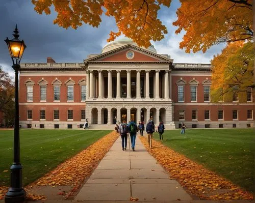 Harvard University, Cambridge, Massachusetts, USA, historic brick buildings, grandiose entrance gate, iconic Widener Library, sprawling green lawns, students walking with backpacks, laptop, books, and