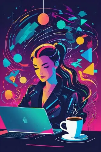 women in technology,girl at the computer,coffee background,background vector,vector illustration,illustrator,colorful foil background,blur office background,computer addiction,digital marketing,freelance,coffee tea illustration,vector graphics,freelancer,vector graphic,vector art,online business,colorful background,work at home,digital creation,Illustration,Vector,Vector 01