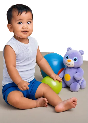 Malay baby boy, Southeast Asian ethnicity, 2-3 years old, chubby cheeks, big round eyes, innocent smile, short black hair, light brown skin, white sleeveless shirt, blue shorts, bare feet, sitting on 