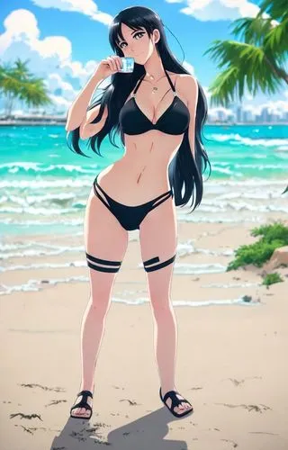 a photography of a beautiful caucasian girl 24 years old black hair whit a bottle in the hand wearing a black bikini stand up in the beach  the beach of city of miami in the morning as background in 4