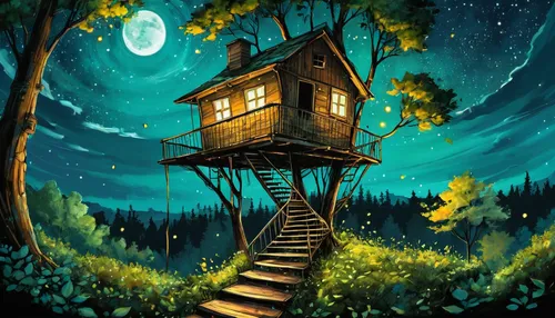 treehouse,tree house,house in the forest,tree house hotel,witch's house,little house,lonely house,small cabin,wooden house,small house,cabin,fairy house,bird house,witch house,wooden hut,birdhouse,house with lake,house painting,the cabin in the mountains,log cabin,Illustration,Realistic Fantasy,Realistic Fantasy 23