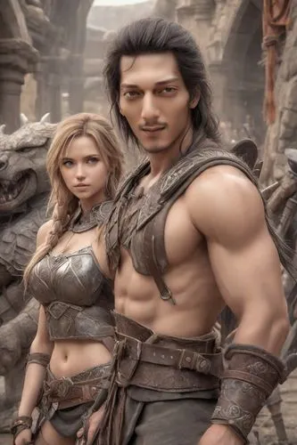 a man together with a beautiful woman,warrior and orc,male elf,barbarian,female warrior,heroic fantasy,massively multiplayer online role-playing game,warrior east,aladha,neo-stone age,dwarves,breastpl