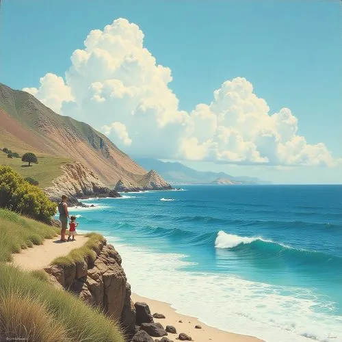 beach landscape,hualalai,hoshihananomia,coastal landscape,pacific coastline,waimea,Illustration,Retro,Retro 11