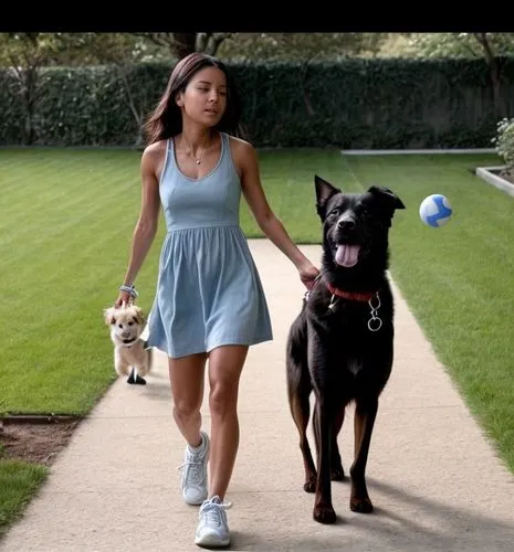 She walks with her dog in the garden.  She plays with him and throws him a ball.  She wears a short blue dress and sneakers.,girl with dog,wag,rspca,dog walker,walking dogs,cortez,commercial,garbi,gsd