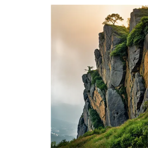 Steep cliff, rugged rocks, greenery overgrown, misty atmosphere, solitary tree on edge, dramatic sunset, golden lighting, 3/4 composition, low-angle shot, cinematic mood, realistic texture, detailed s