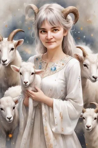 shepherdesses,goatflower,horoscope taurus,shepherdess,flock of sheep,a flock of sheep,ovis gmelini aries,the sheep,the zodiac sign taurus,good shepherd,capricorn,the good shepherd,sheeps,wild sheep,baa,shoun the sheep,sheepherding,varda,lambs,ostara,Digital Art,Watercolor