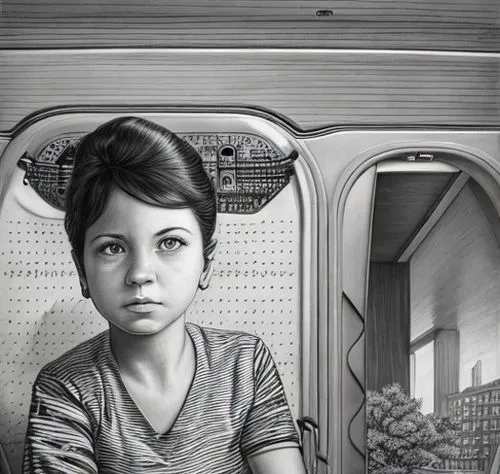 child portrait,pencil drawings,pencil art,girl with bread-and-butter,train of thought,train car,girl with cereal bowl,train compartment,girl in the kitchen,railway carriage,the girl at the station,rai