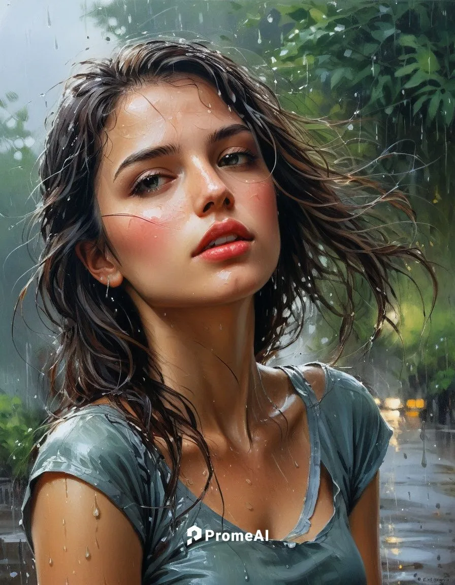 young beauty female in the rain,donsky,in the rain,rainswept,walking in the rain,photorealist,wet girl,world digital painting,rain shower,rainfall,oil painting,oil painting on canvas,monsoon,wet,rainy