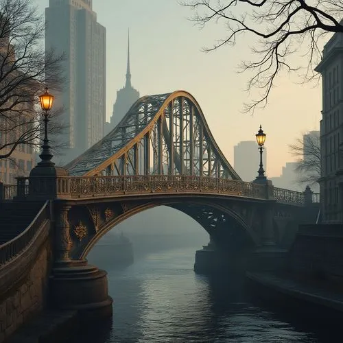 Art Deco bridge, luxurious, elegant, metallic latticework, curved lines, ornate details, golden accents, vintage lamp posts, symmetrical composition, low-angle shot, misty morning, cityscape backgroun