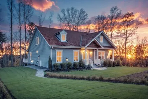 sunset with nice sky . light tanhouse with brown roof,,home landscape,beautiful home,country cottage,homeadvisor,country house,house insurance,smart home,lonely house,homebuilding,summer cottage,dream